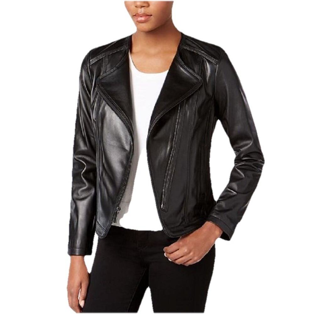 MICHAEL Michael Kors Black Leather Jacket Biker Moto Asymmetric Zip Pockets XL